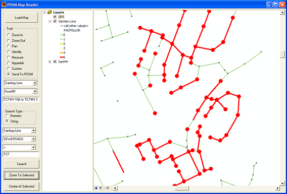 POSM sewer asset map showing mapped inspection assets