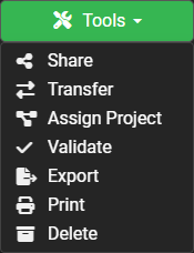POSM Central Inspection Tools POSM Central Tools menu with sharing, transfer, export, print, and validation options