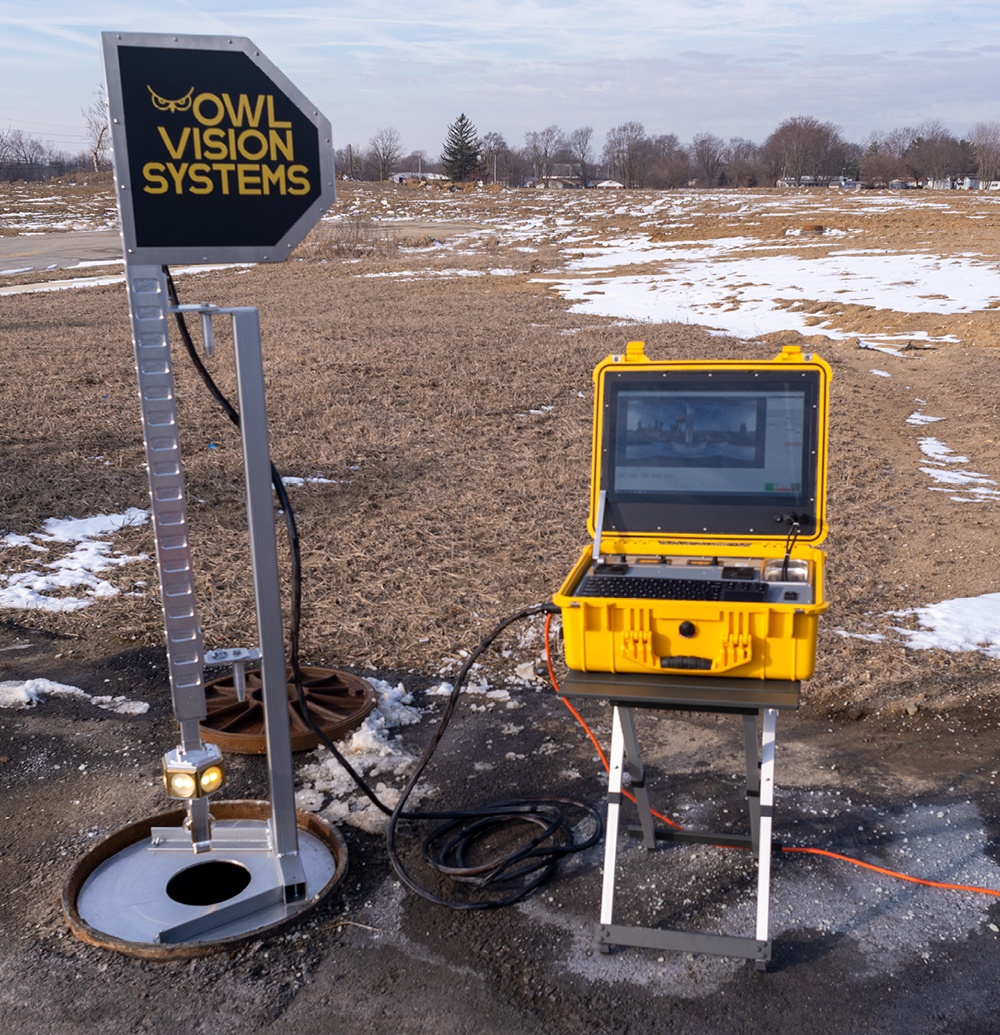 Owl Vision 360 manhole camera and briefcase deployed on a jobsite