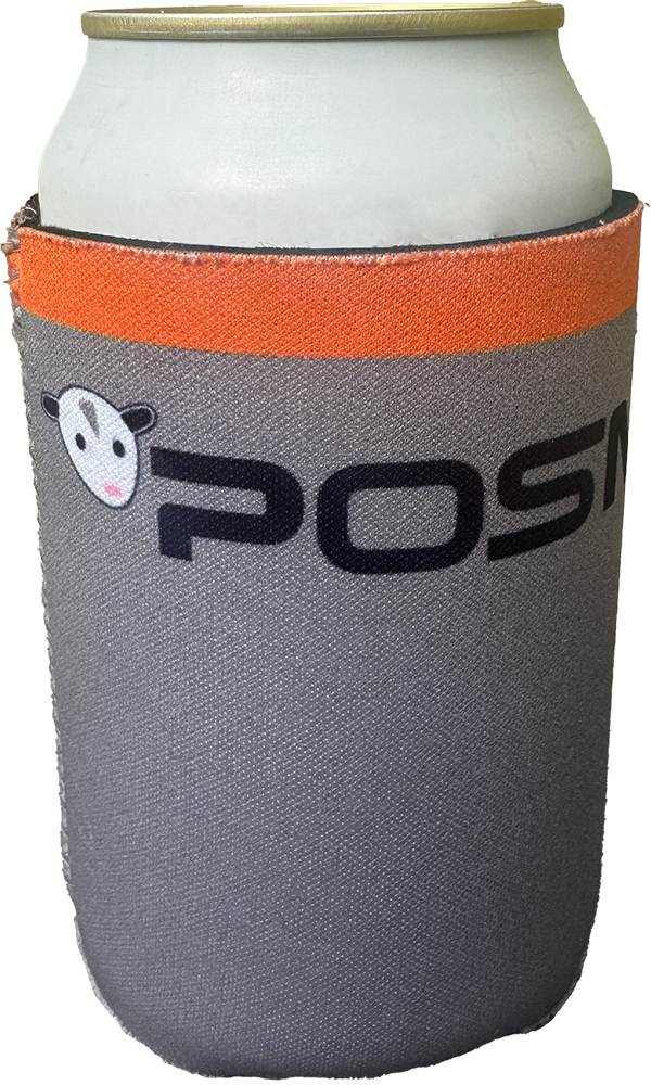 POSM Promotional Koozie POSM Koozie featuring gray fabric, bright orange trim, and the POSM opossum logo